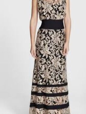 Black & Cream Floral Lace Maxi Dress Tadashi Shoji 14 Nwt